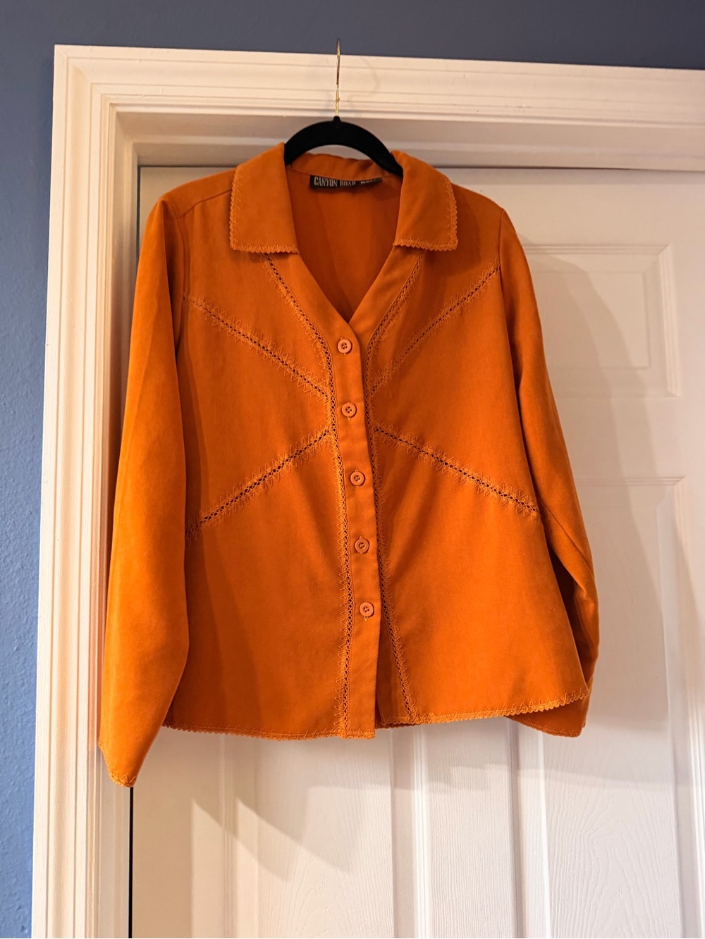 Button-Front Orange Women’s Shirt with Decorative Stitching